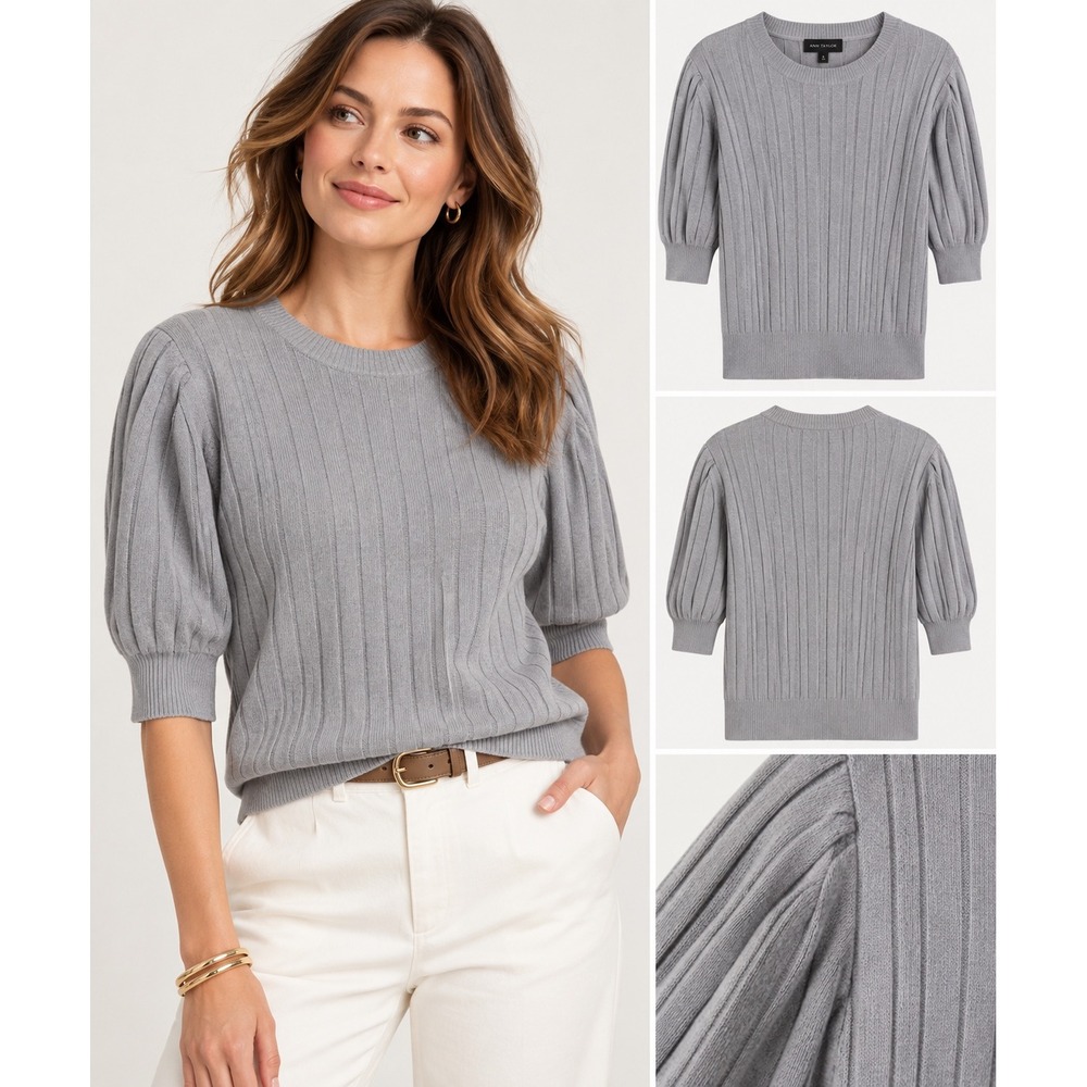 Ann Taylor Womens Ribbed Puff Sleeve Sweater Light Gray Crew Neck Small NEW